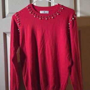 Red Sweater with Pearl Accents
